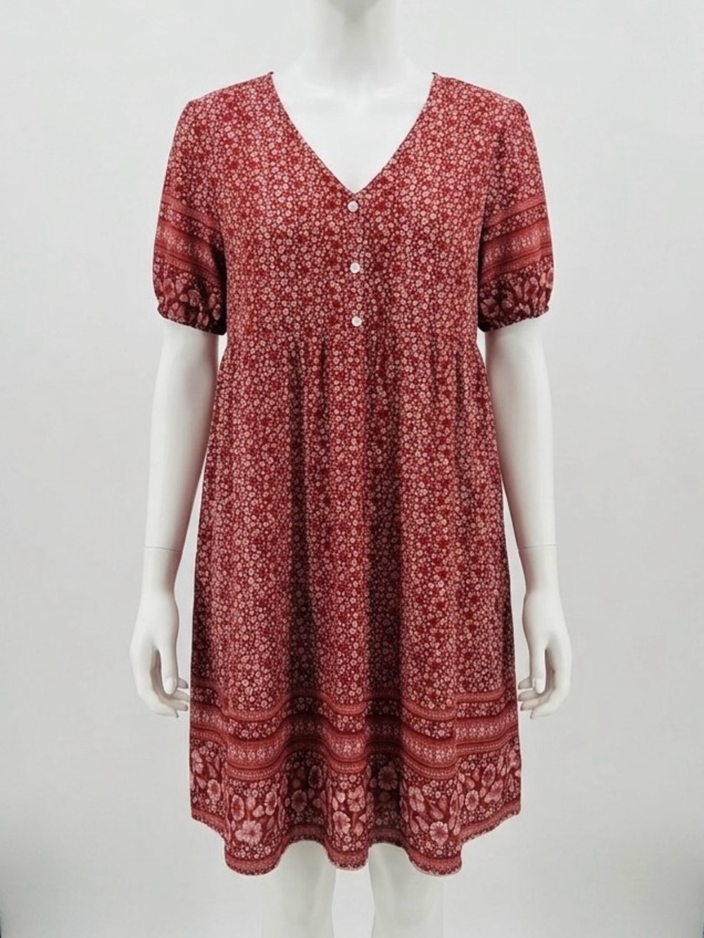 Boho Red Ditsy Floral Mini Dress Puff Sleeve Babydoll V-Neck Casual XL